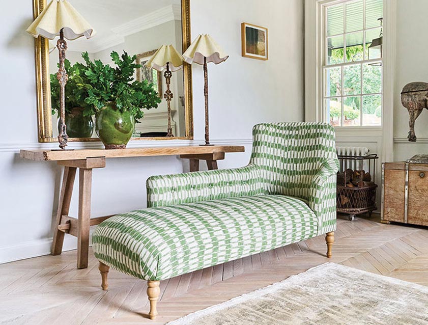 Anglesey LHF chaise in Spill Resistant V&A Ikat Basil